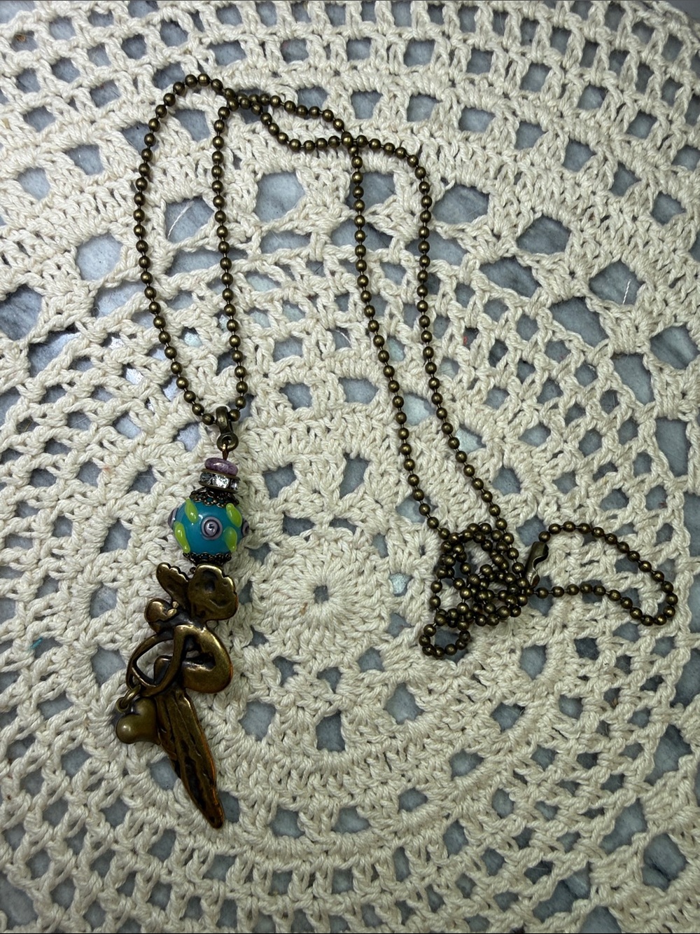 Bronze Fairy Pendant 26” Necklace with Green Bead